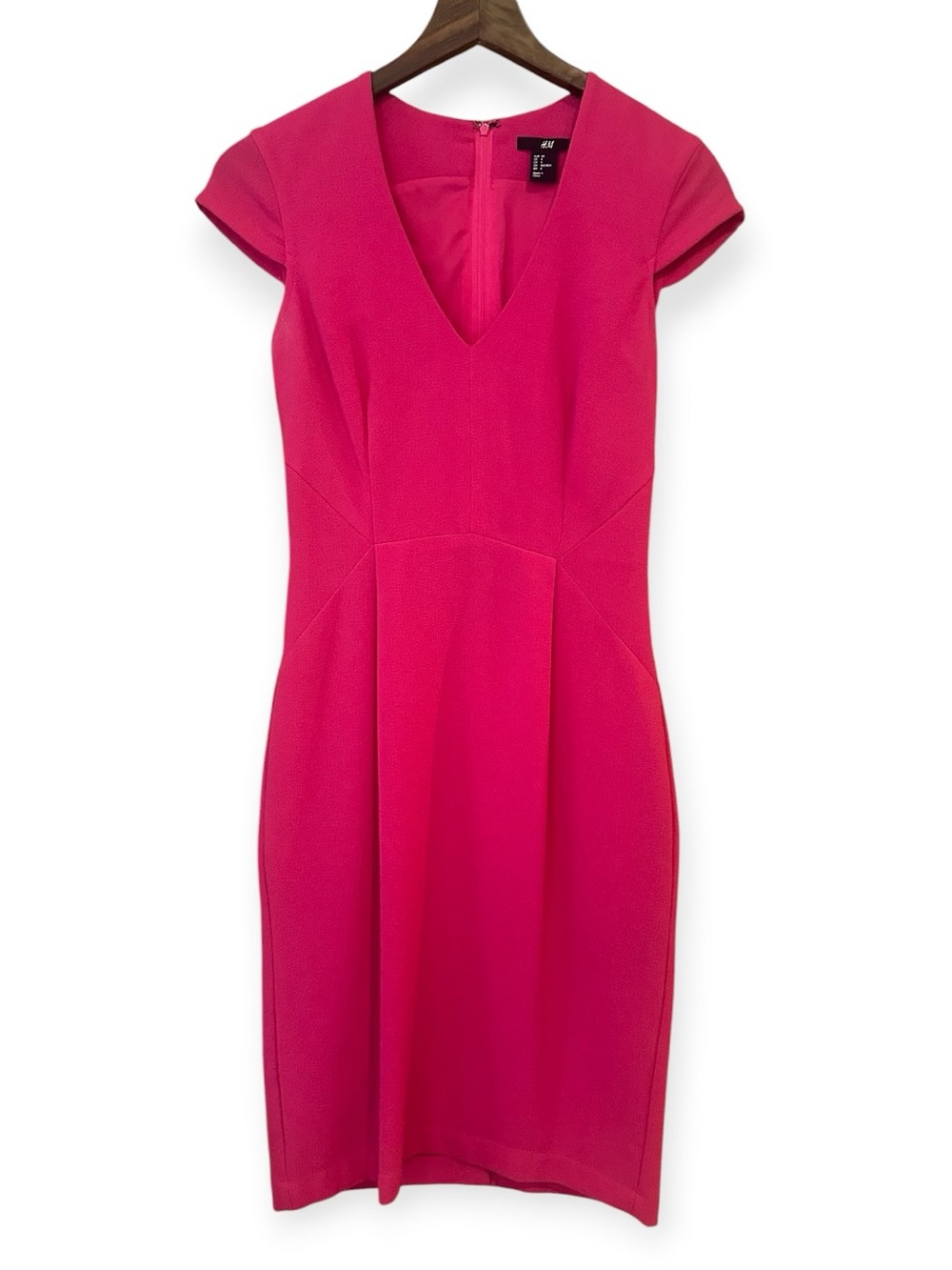 H&M Hot Pink V-Neck Cap Sleeve Midi Sheath Dress